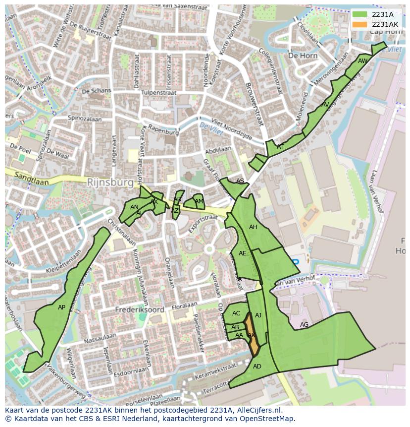 Afbeelding van het postcodegebied 2231 AK op de kaart.