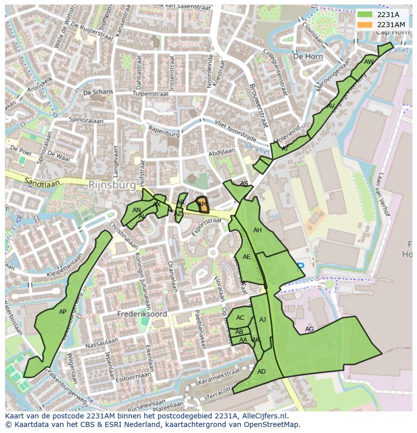 Afbeelding van het postcodegebied 2231 AM op de kaart.