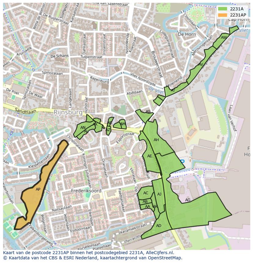 Afbeelding van het postcodegebied 2231 AP op de kaart.