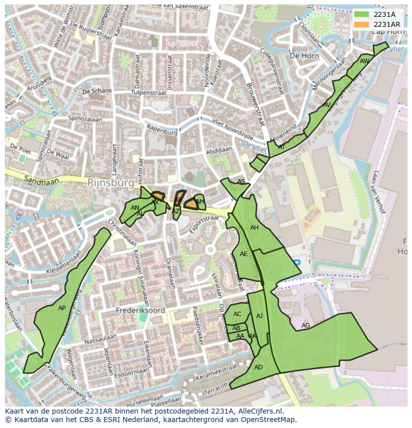 Afbeelding van het postcodegebied 2231 AR op de kaart.