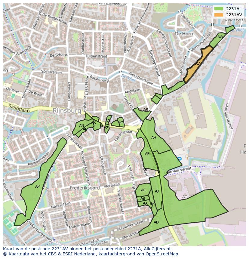 Afbeelding van het postcodegebied 2231 AV op de kaart.