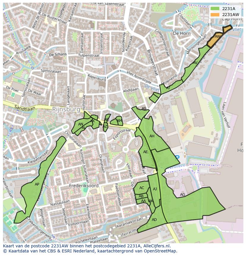 Afbeelding van het postcodegebied 2231 AW op de kaart.