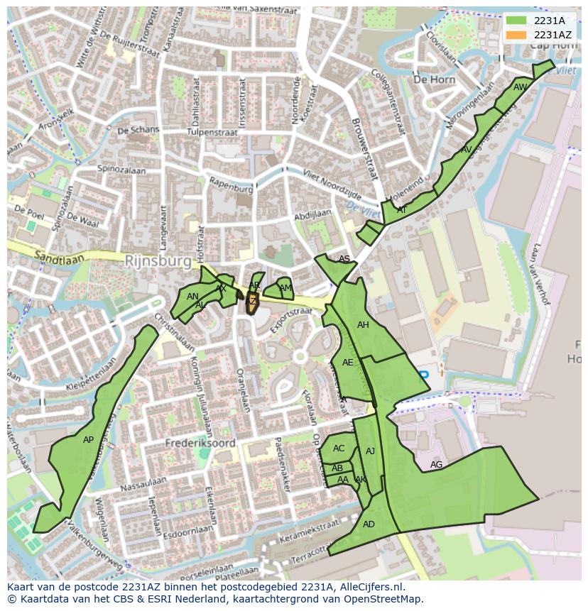 Afbeelding van het postcodegebied 2231 AZ op de kaart.