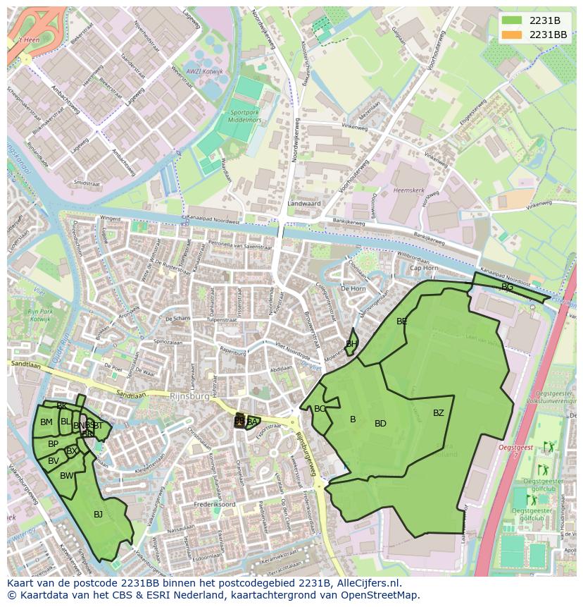 Afbeelding van het postcodegebied 2231 BB op de kaart.