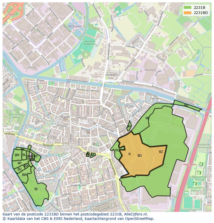 Afbeelding van het postcodegebied 2231 BD op de kaart.