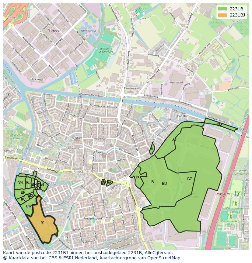 Afbeelding van het postcodegebied 2231 BJ op de kaart.