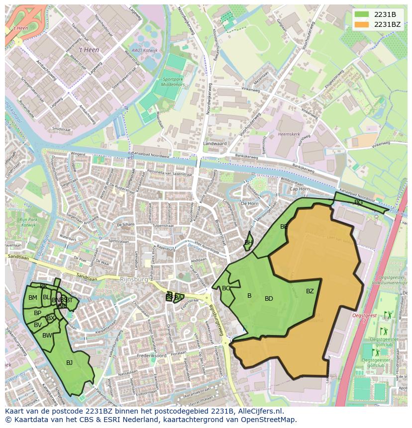 Afbeelding van het postcodegebied 2231 BZ op de kaart.