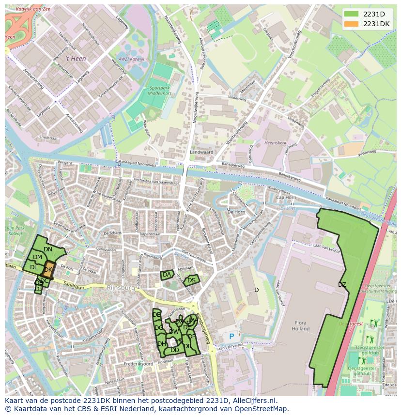 Afbeelding van het postcodegebied 2231 DK op de kaart.
