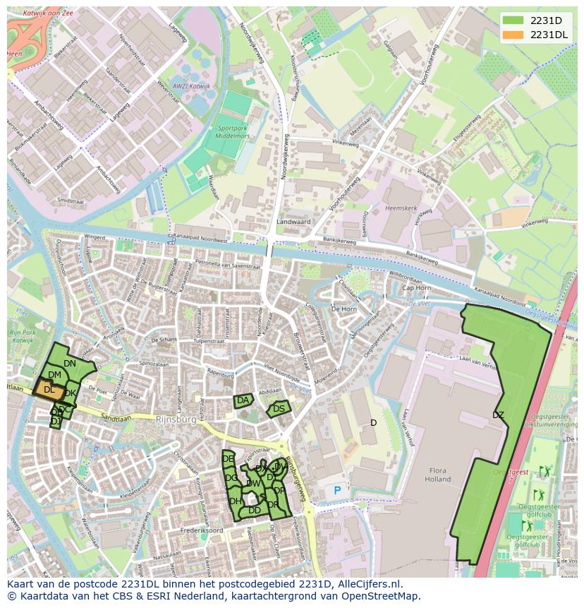 Afbeelding van het postcodegebied 2231 DL op de kaart.