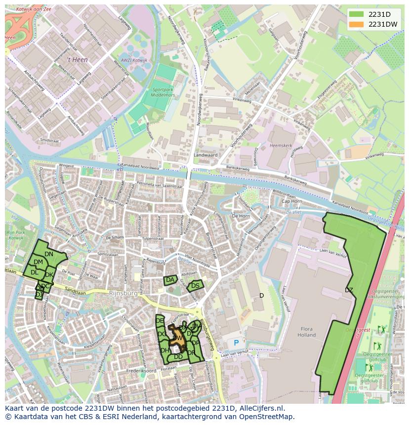 Afbeelding van het postcodegebied 2231 DW op de kaart.