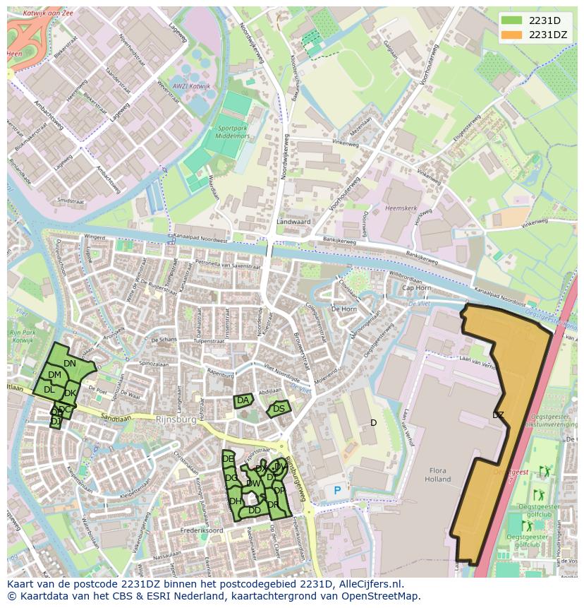Afbeelding van het postcodegebied 2231 DZ op de kaart.