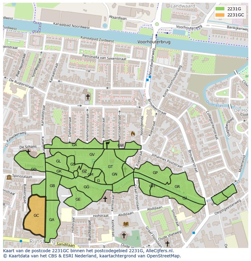 Afbeelding van het postcodegebied 2231 GC op de kaart.