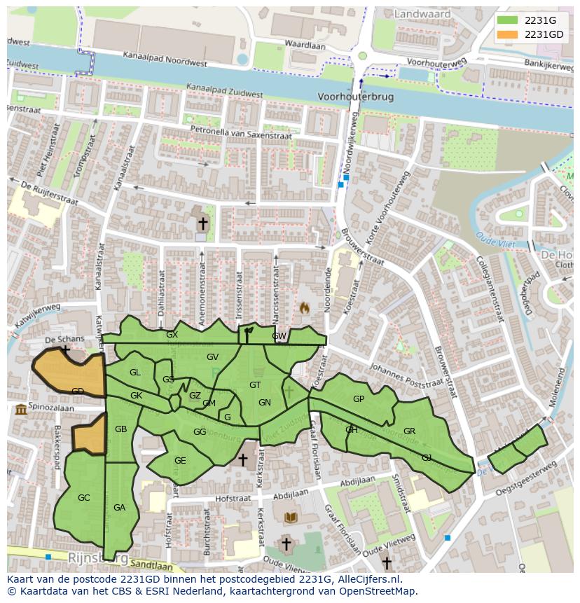 Afbeelding van het postcodegebied 2231 GD op de kaart.