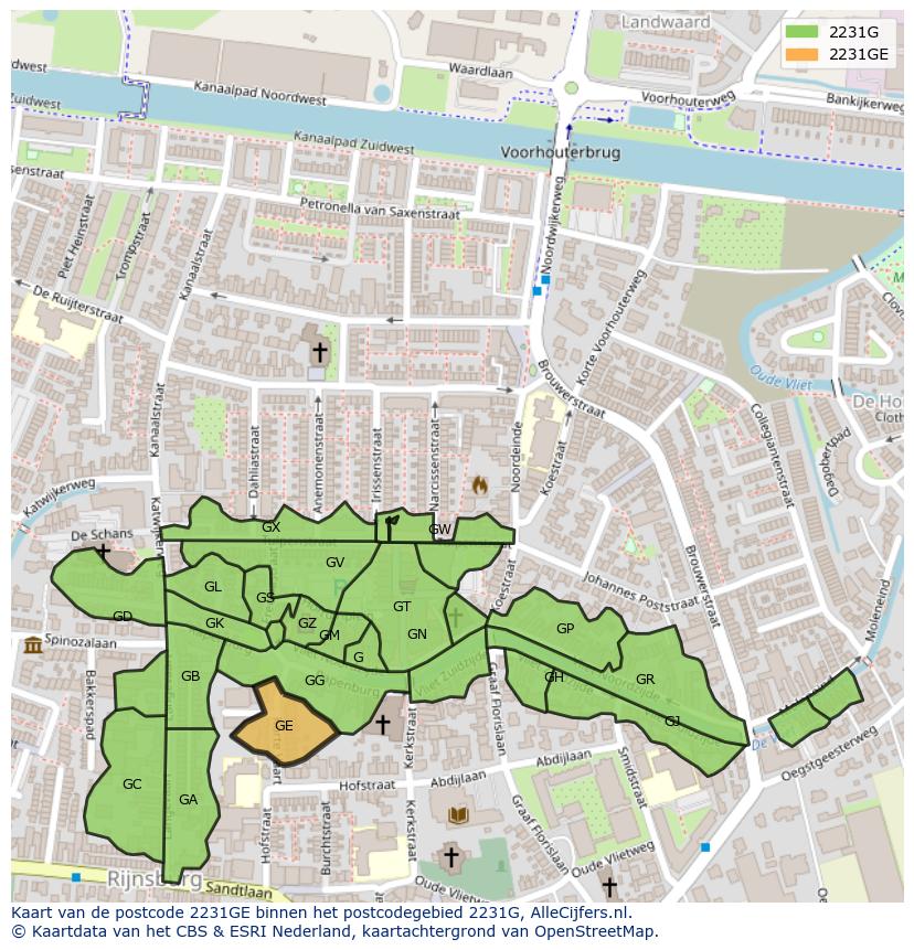 Afbeelding van het postcodegebied 2231 GE op de kaart.