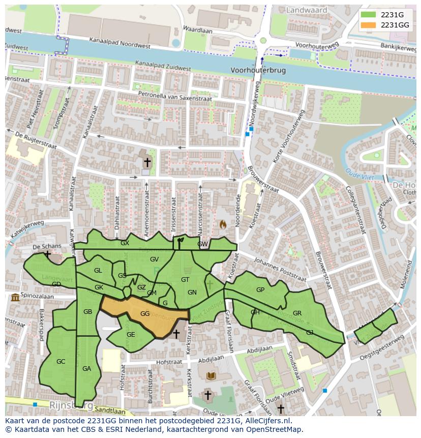 Afbeelding van het postcodegebied 2231 GG op de kaart.