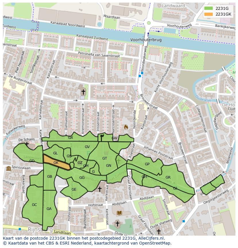 Afbeelding van het postcodegebied 2231 GK op de kaart.