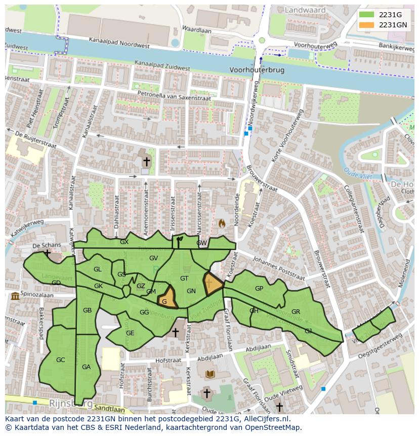 Afbeelding van het postcodegebied 2231 GN op de kaart.