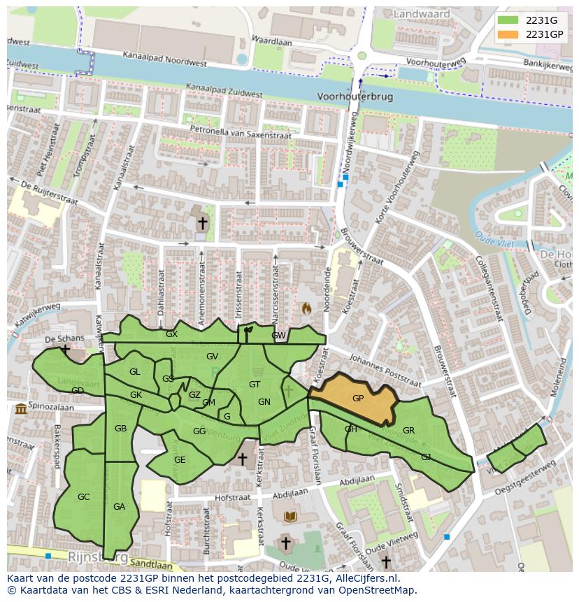 Afbeelding van het postcodegebied 2231 GP op de kaart.