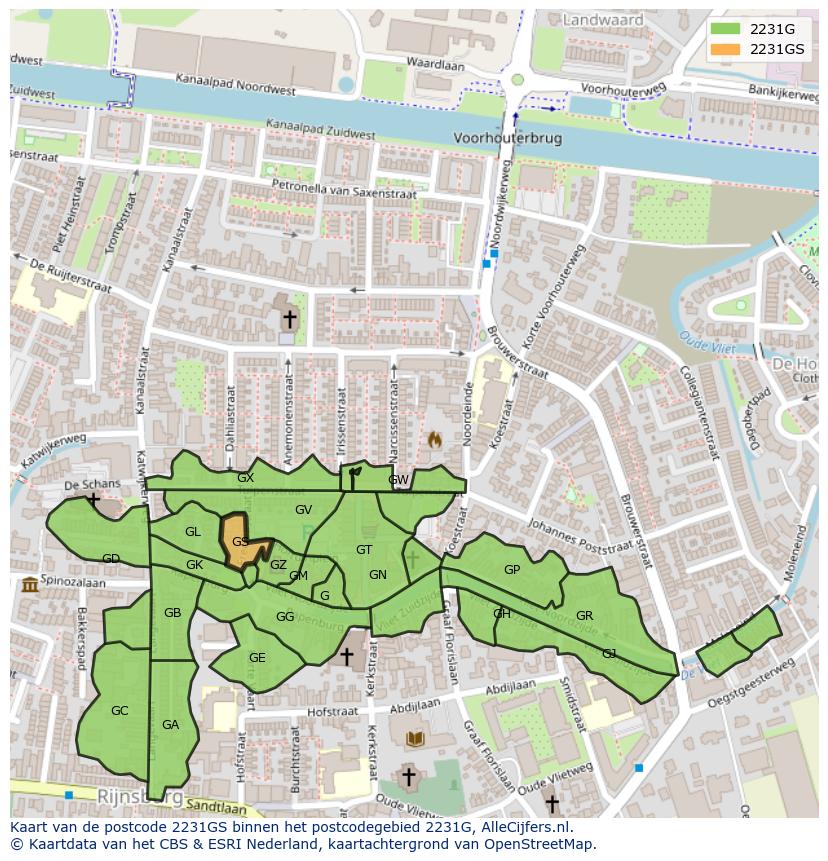 Afbeelding van het postcodegebied 2231 GS op de kaart.