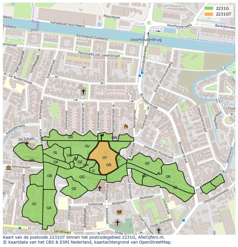 Afbeelding van het postcodegebied 2231 GT op de kaart.