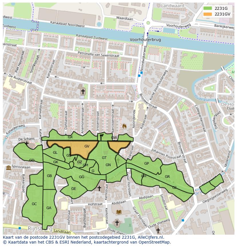 Afbeelding van het postcodegebied 2231 GV op de kaart.