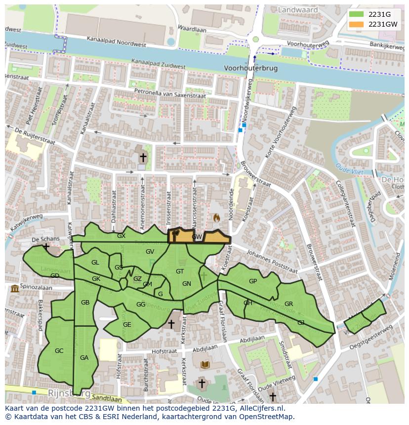 Afbeelding van het postcodegebied 2231 GW op de kaart.