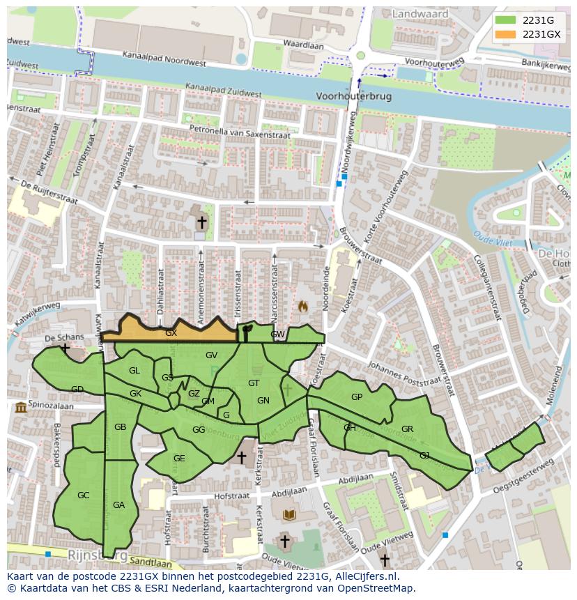 Afbeelding van het postcodegebied 2231 GX op de kaart.