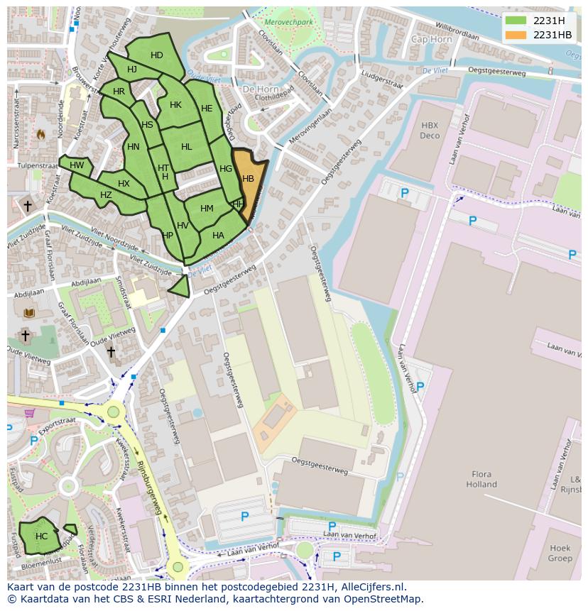Afbeelding van het postcodegebied 2231 HB op de kaart.