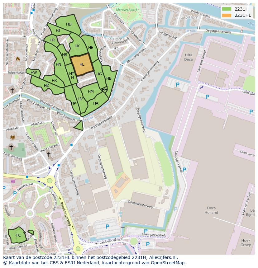 Afbeelding van het postcodegebied 2231 HL op de kaart.