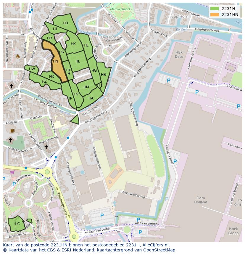 Afbeelding van het postcodegebied 2231 HN op de kaart.