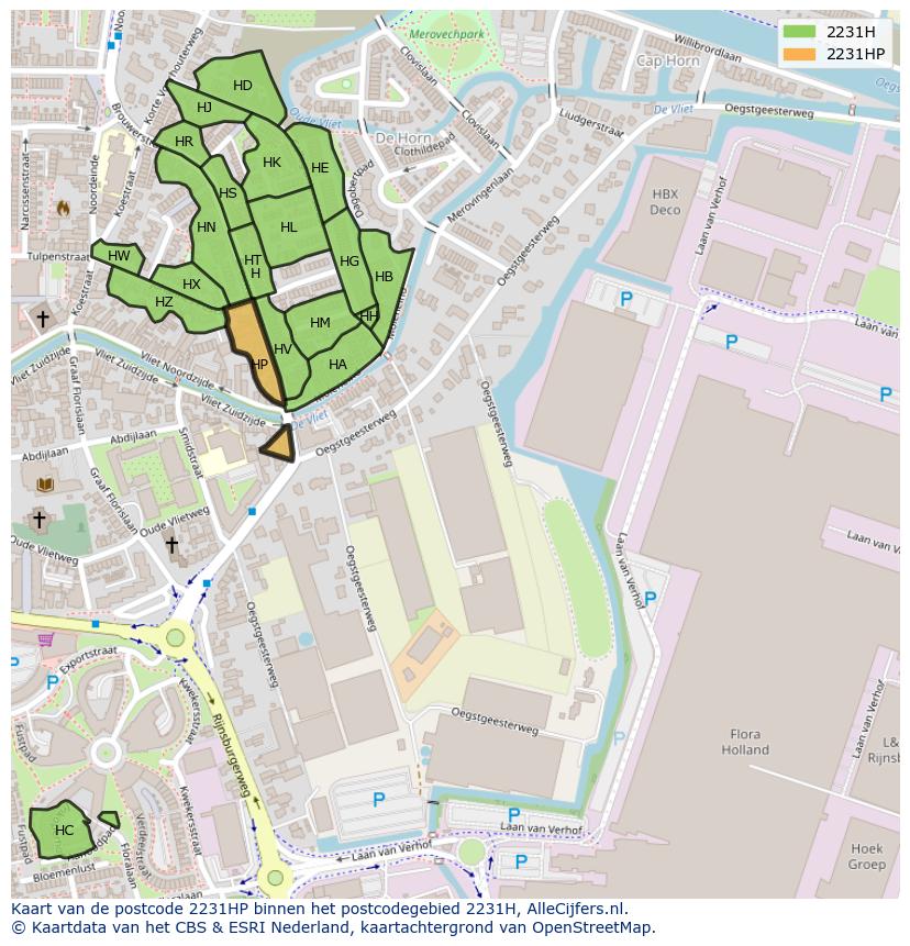 Afbeelding van het postcodegebied 2231 HP op de kaart.