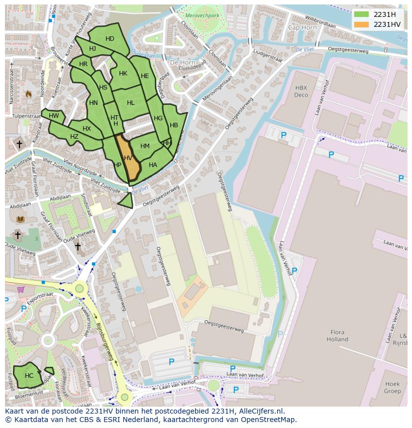 Afbeelding van het postcodegebied 2231 HV op de kaart.