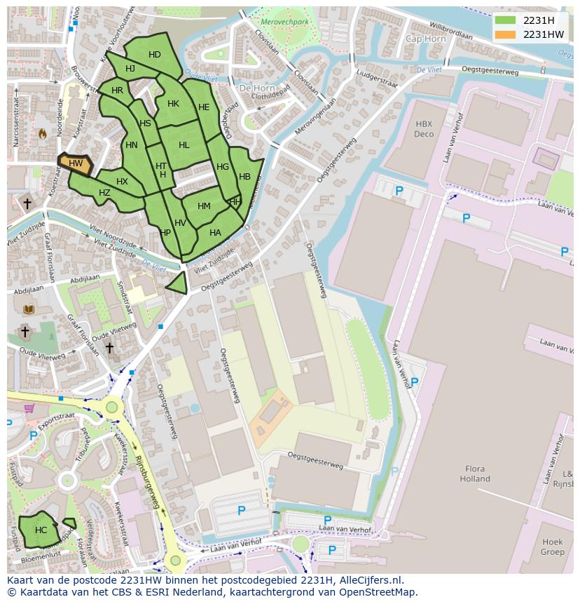Afbeelding van het postcodegebied 2231 HW op de kaart.