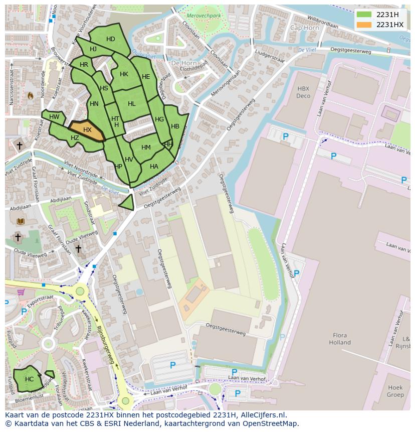 Afbeelding van het postcodegebied 2231 HX op de kaart.