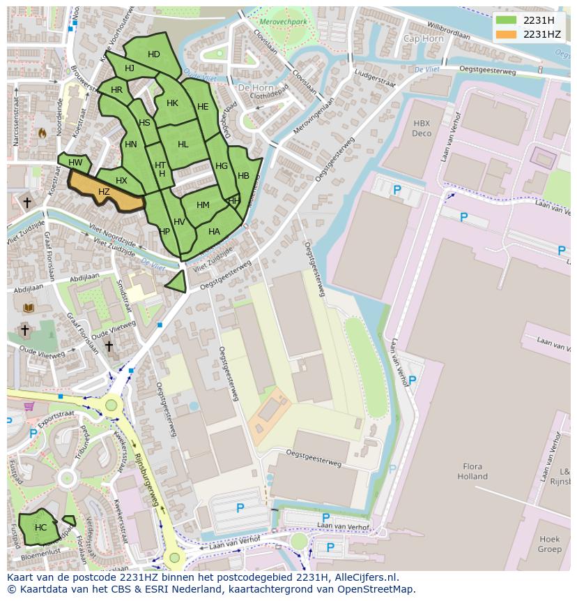 Afbeelding van het postcodegebied 2231 HZ op de kaart.