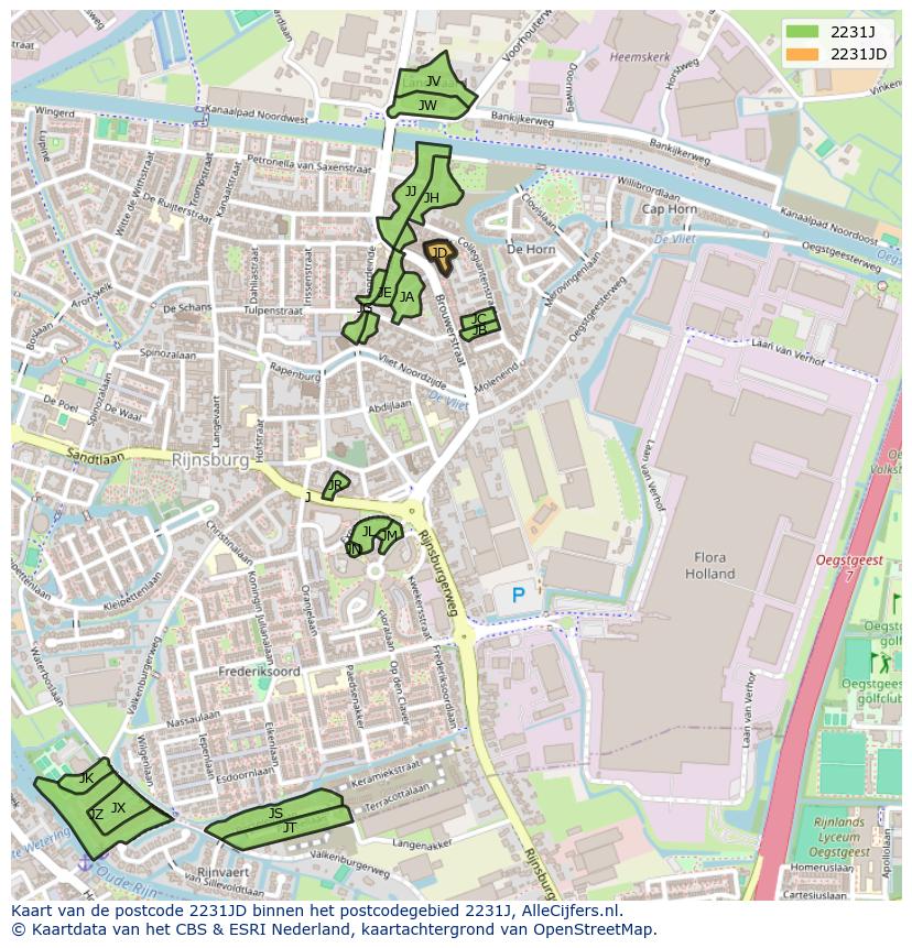 Afbeelding van het postcodegebied 2231 JD op de kaart.