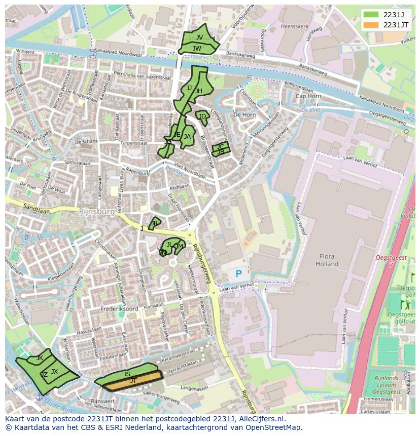 Afbeelding van het postcodegebied 2231 JT op de kaart.