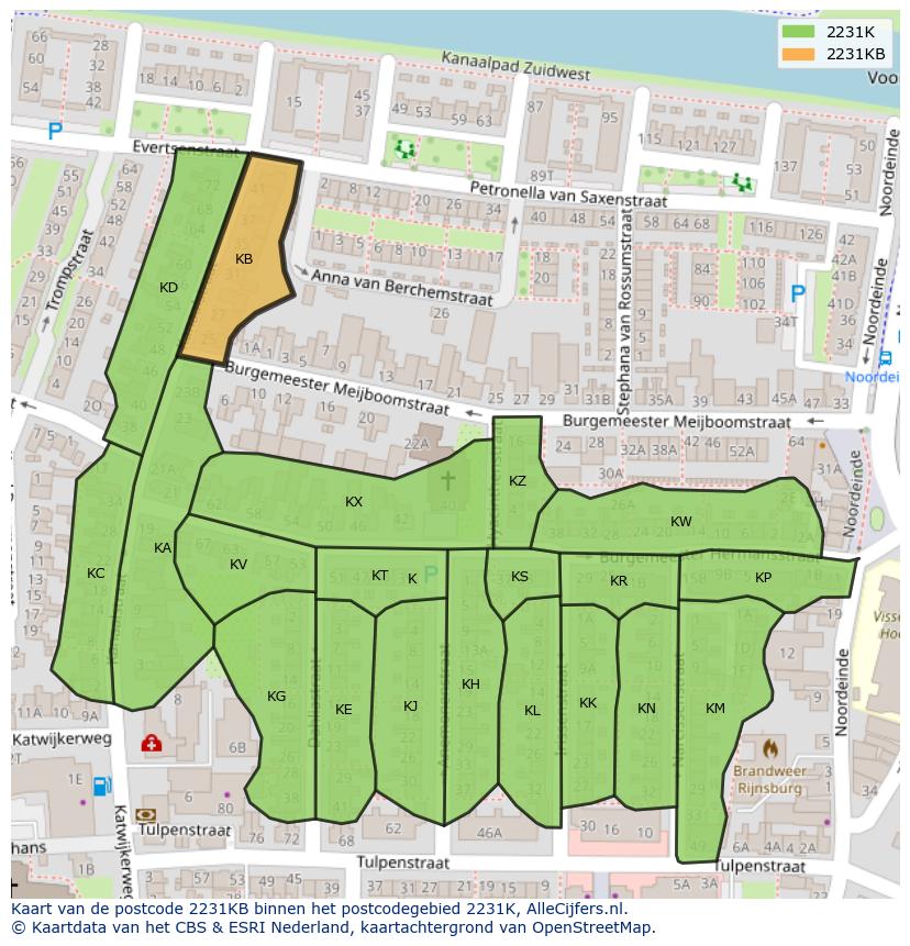 Afbeelding van het postcodegebied 2231 KB op de kaart.