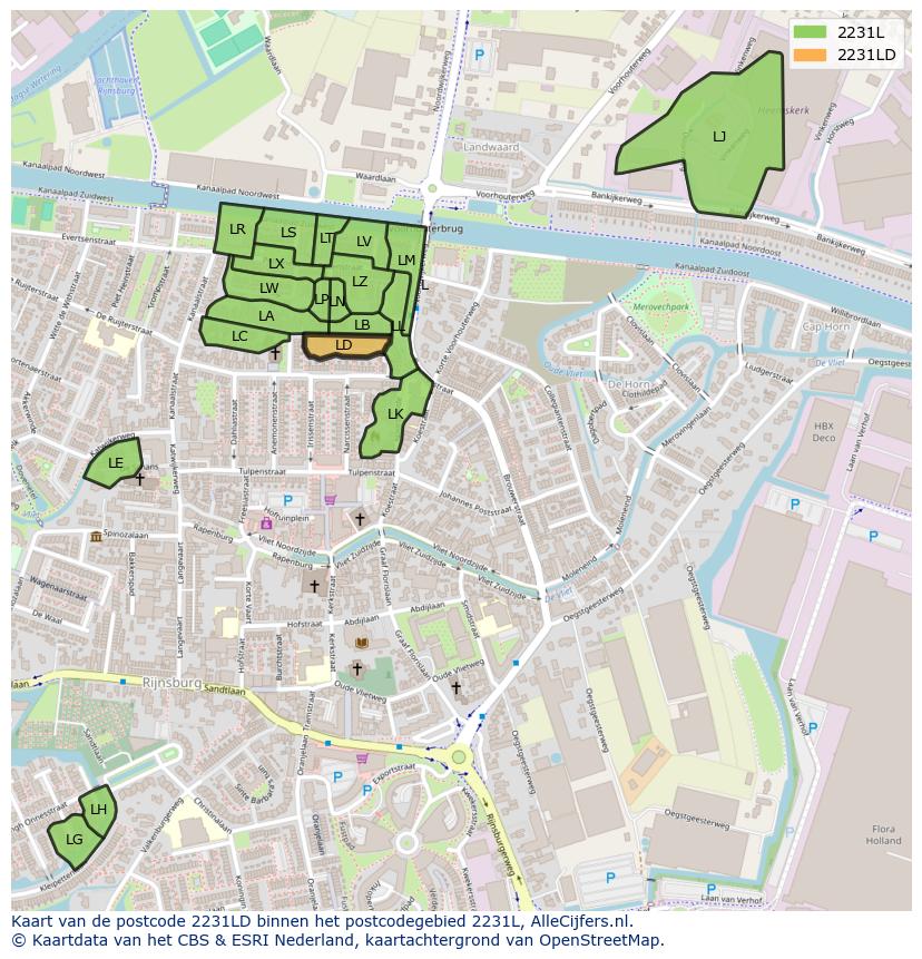 Afbeelding van het postcodegebied 2231 LD op de kaart.