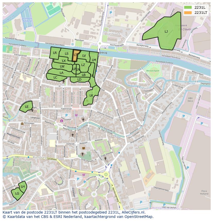 Afbeelding van het postcodegebied 2231 LT op de kaart.