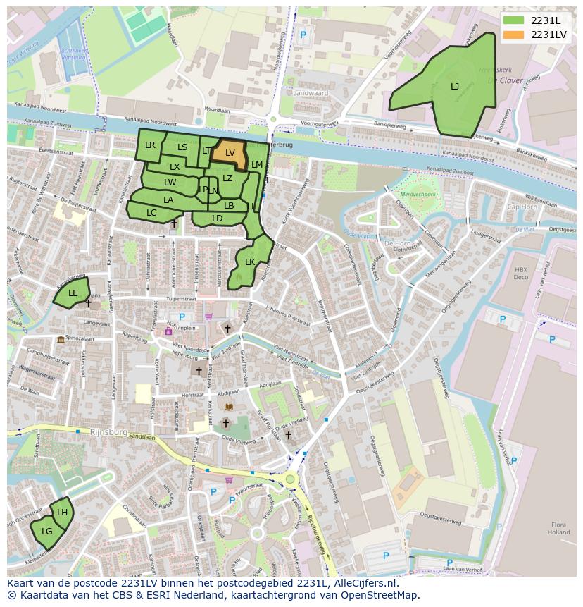 Afbeelding van het postcodegebied 2231 LV op de kaart.