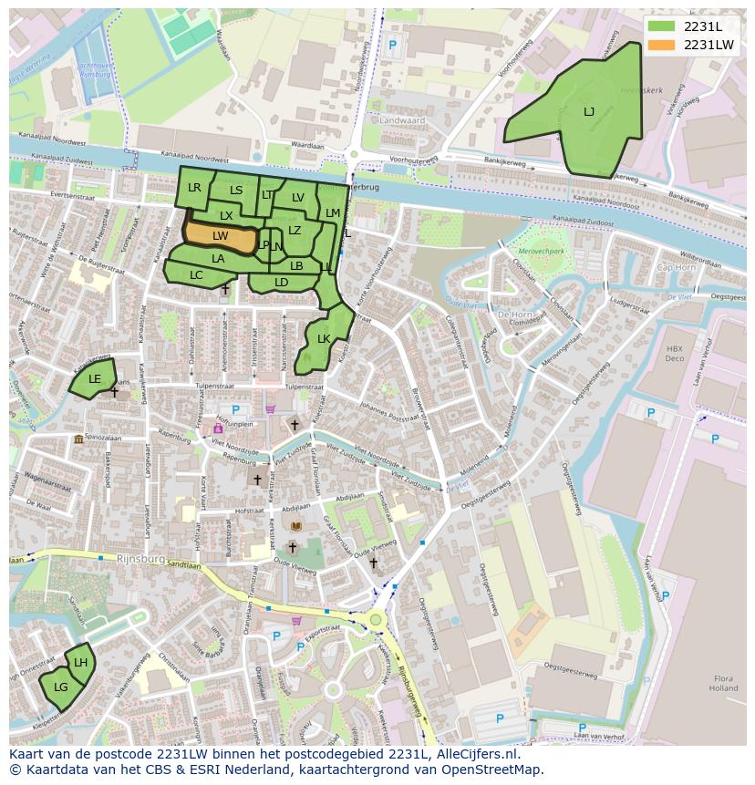 Afbeelding van het postcodegebied 2231 LW op de kaart.