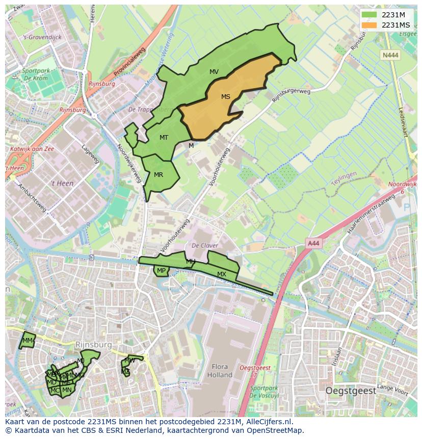 Afbeelding van het postcodegebied 2231 MS op de kaart.