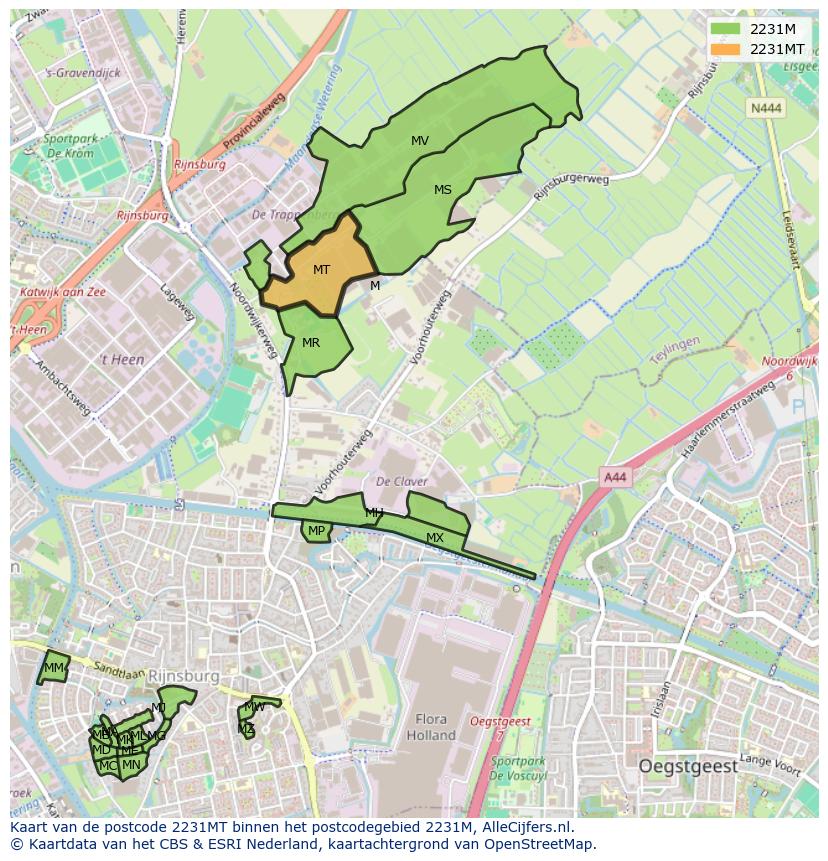 Afbeelding van het postcodegebied 2231 MT op de kaart.