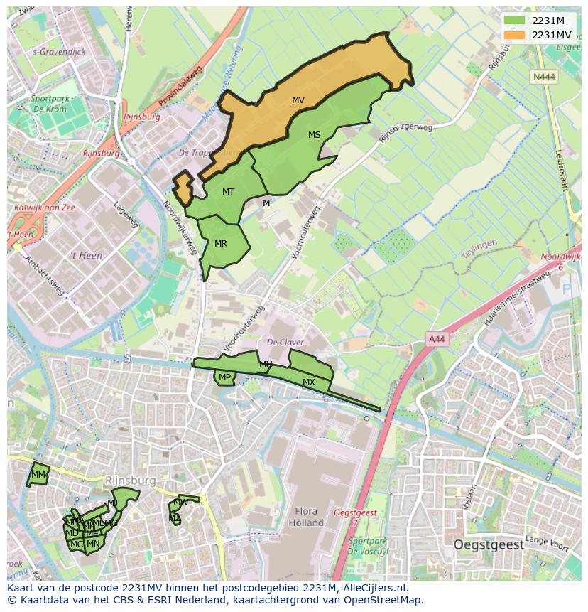 Afbeelding van het postcodegebied 2231 MV op de kaart.