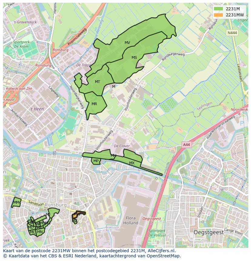 Afbeelding van het postcodegebied 2231 MW op de kaart.