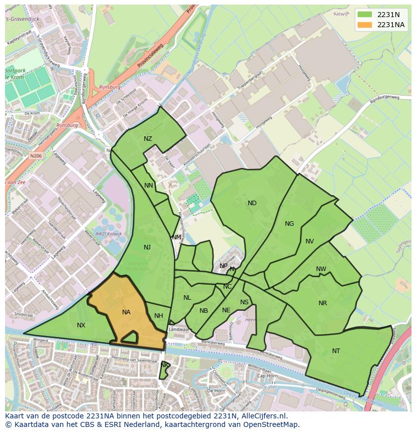Afbeelding van het postcodegebied 2231 NA op de kaart.