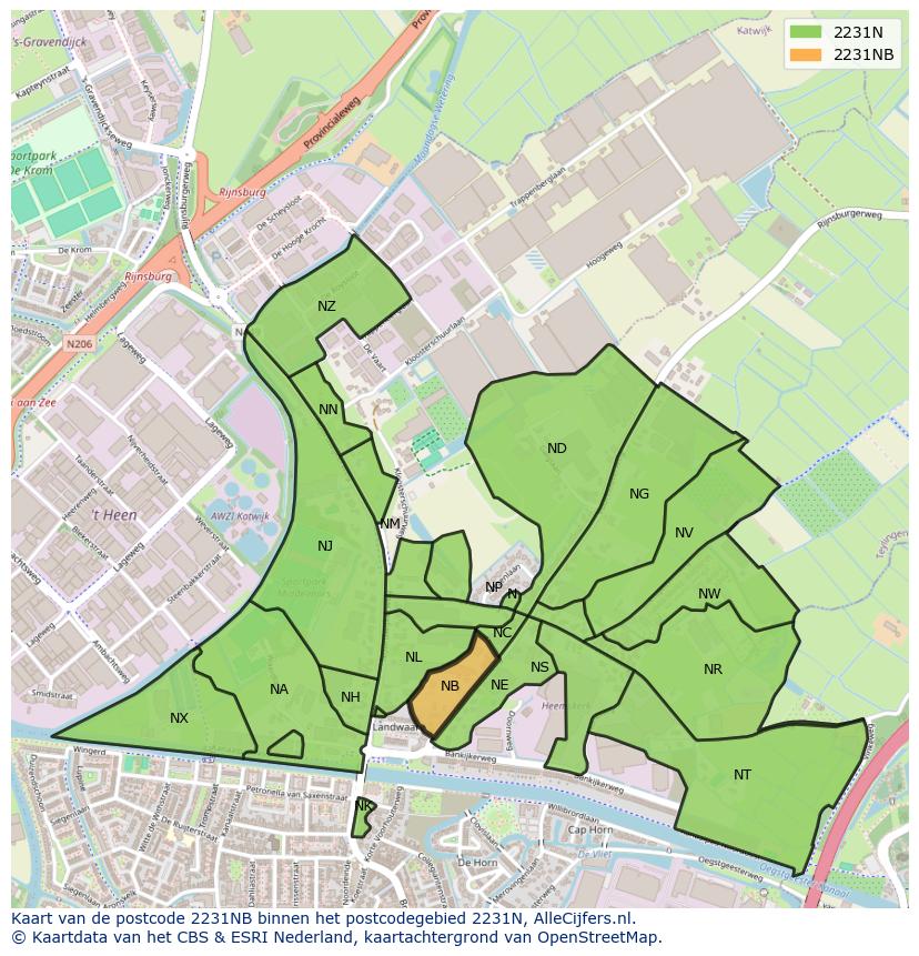 Afbeelding van het postcodegebied 2231 NB op de kaart.