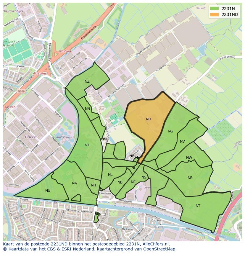 Afbeelding van het postcodegebied 2231 ND op de kaart.