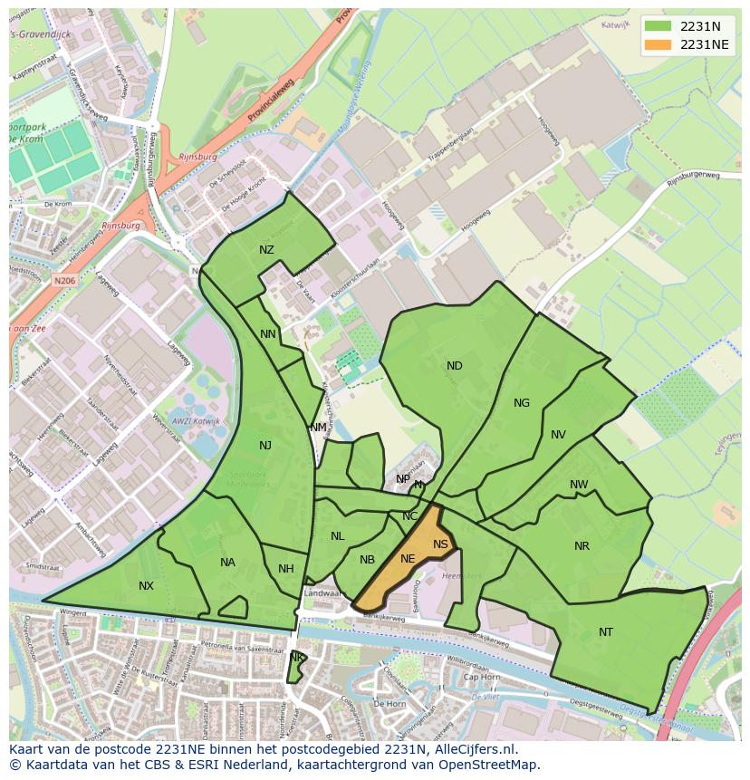 Afbeelding van het postcodegebied 2231 NE op de kaart.